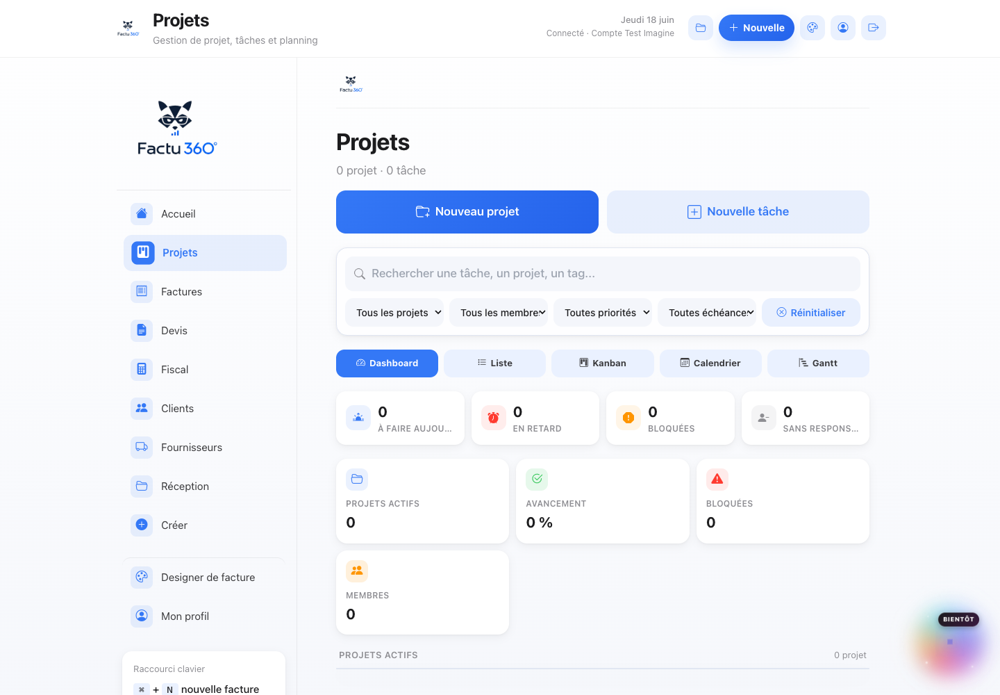 Interface projets Factu360